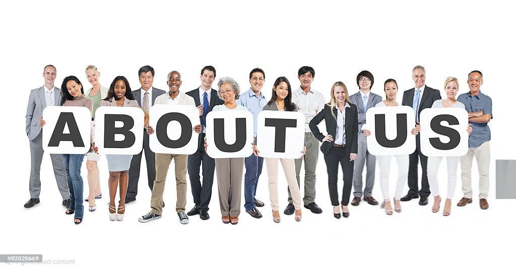 Group Of Multi-Ethnic Group Of Business People Holding Placards Forming About Us